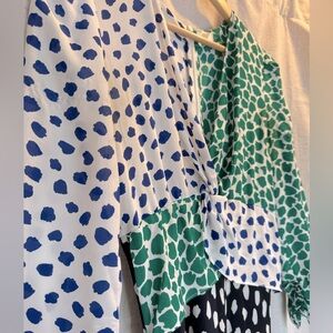 RIXO Green, White, Black, and Blue Polka Dot Dress